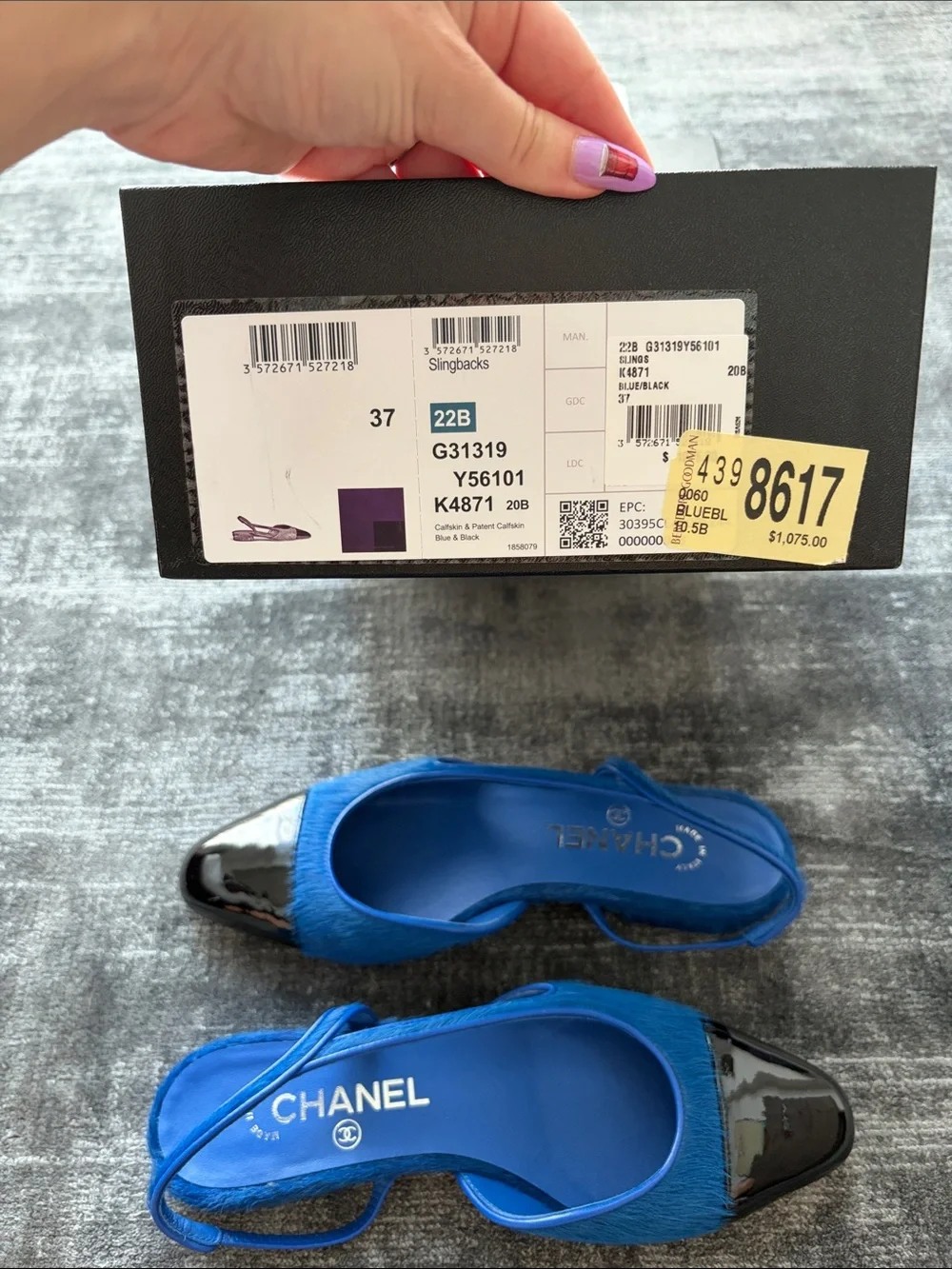 CHANEL Royal Blue Slingback Flats with Black Patent Cap Toe